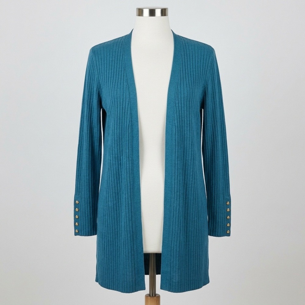 Talbots Cardigan Womens M Teal Blue Ribbed Longline Open Front Gold Button Cuff